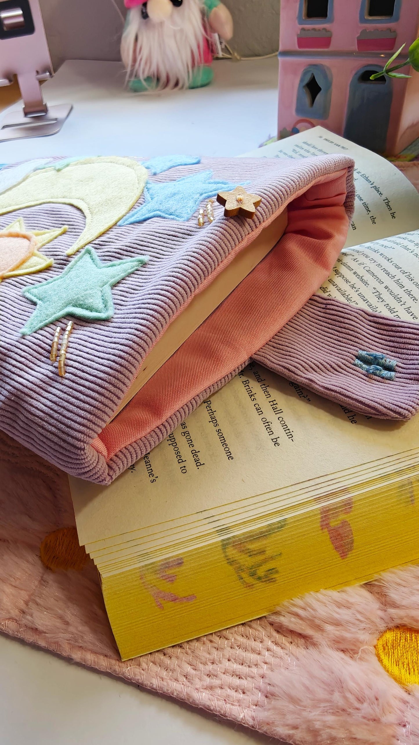 Pastel Book Sleeve With Moon and Stars | Corduroy Padded Book Pouch