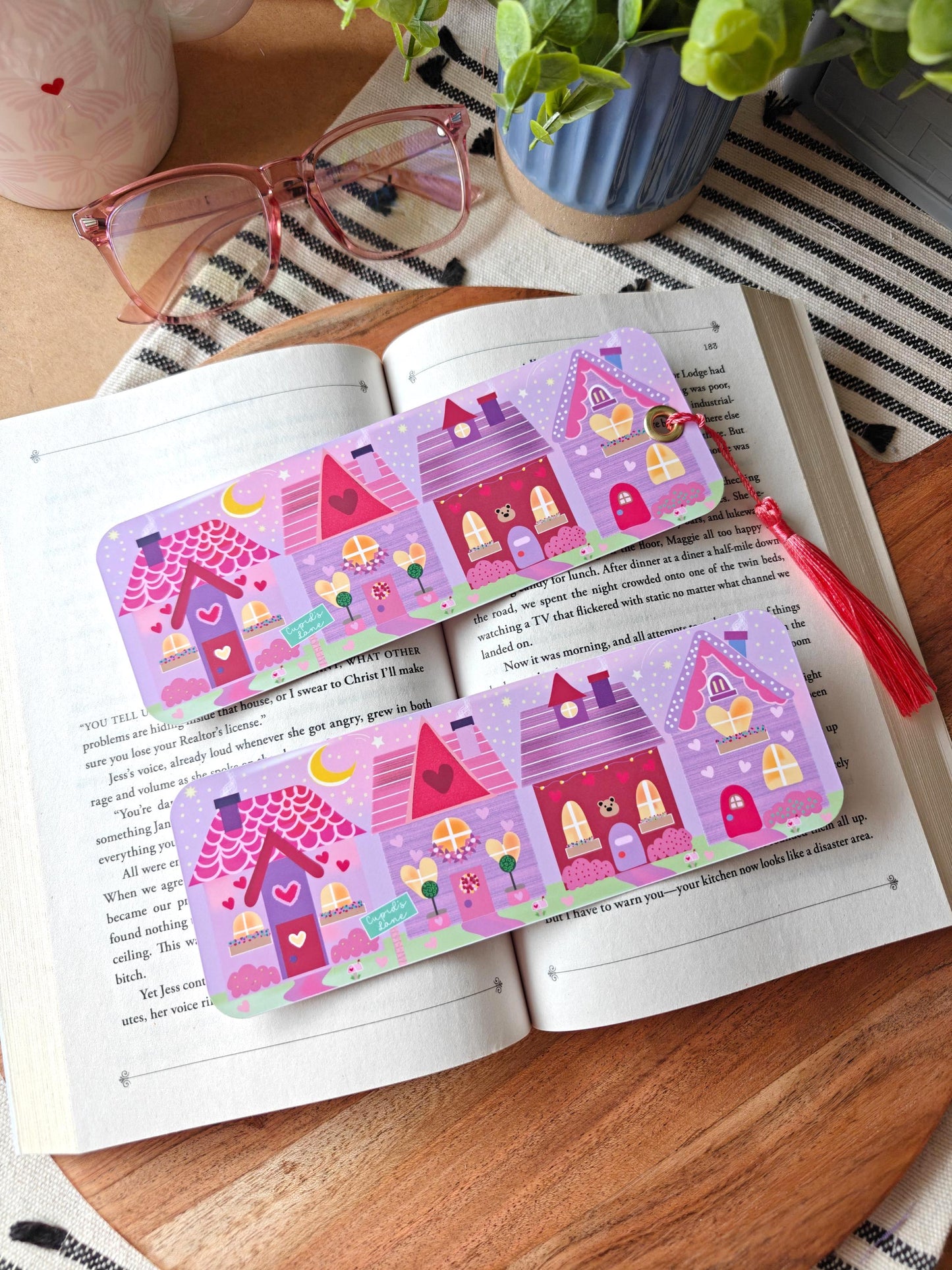 Cupids Lane Valentines Bookmark | Hand Drawn Heart Village Book Accessory | Cozy Reader Gift