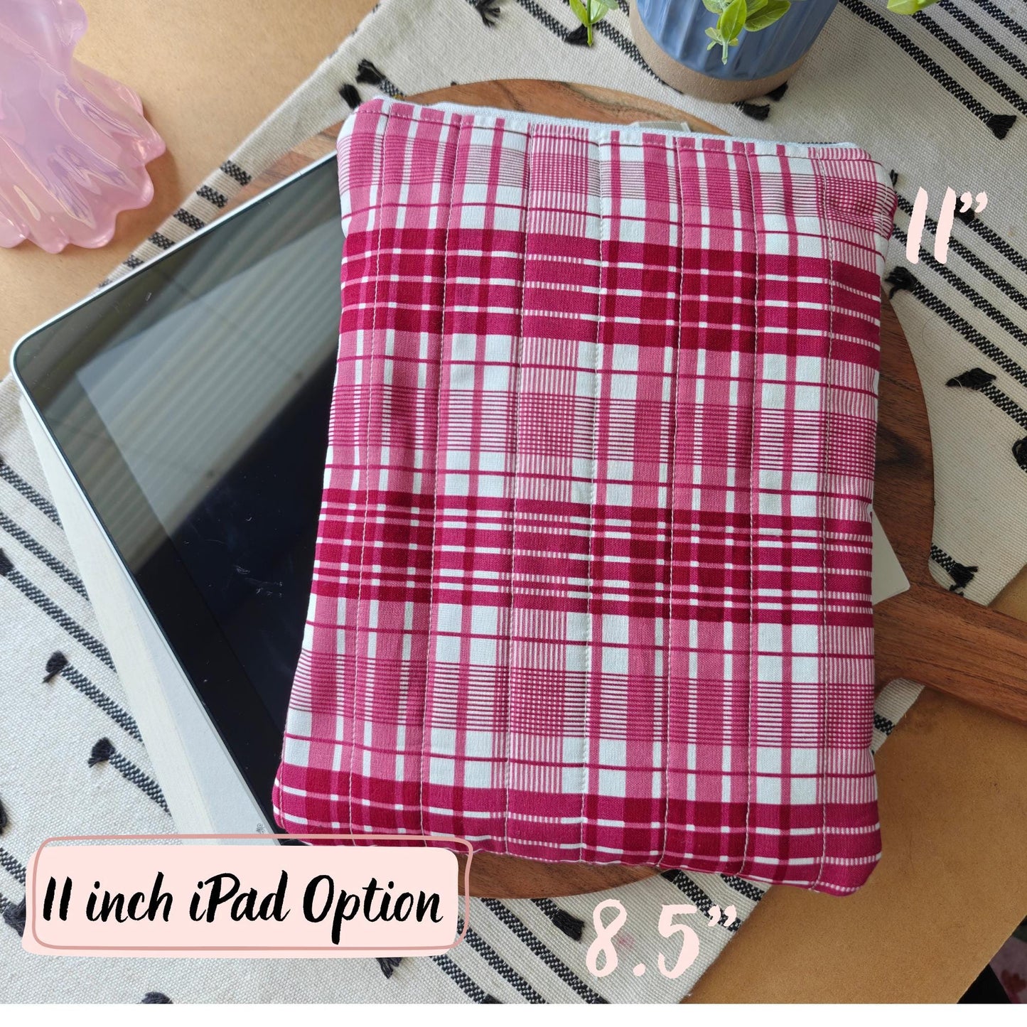 Red Plaid Quilted Book Sleeve With Zipper  | 11 inch iPad Sleeve