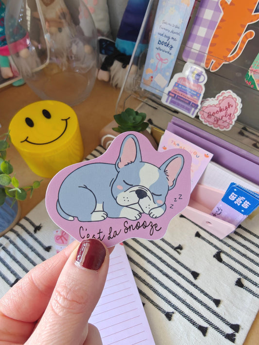 Sleeping French Bulldog Sticker: "C'est La Snooze" Vinyl Decal