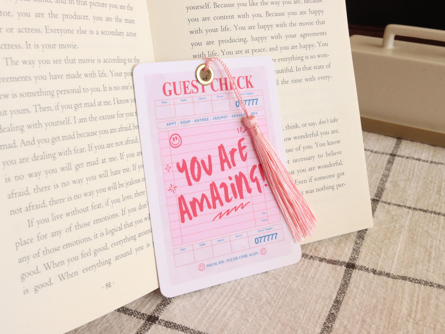 Laminated Pink Guest Check Diner Receipt Bookmark with Pink Tassel