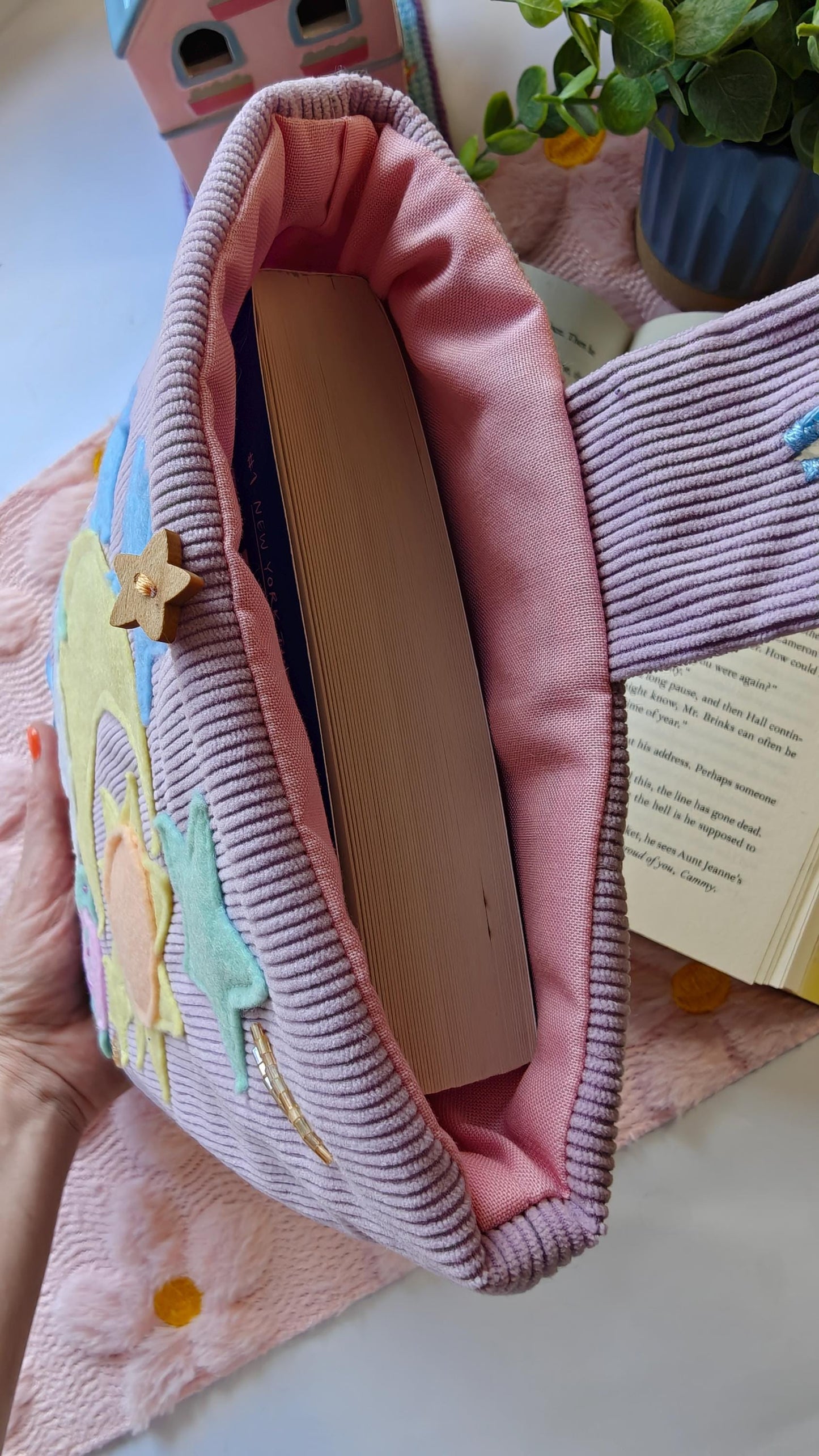 Pastel Book Sleeve With Moon and Stars | Corduroy Padded Book Pouch