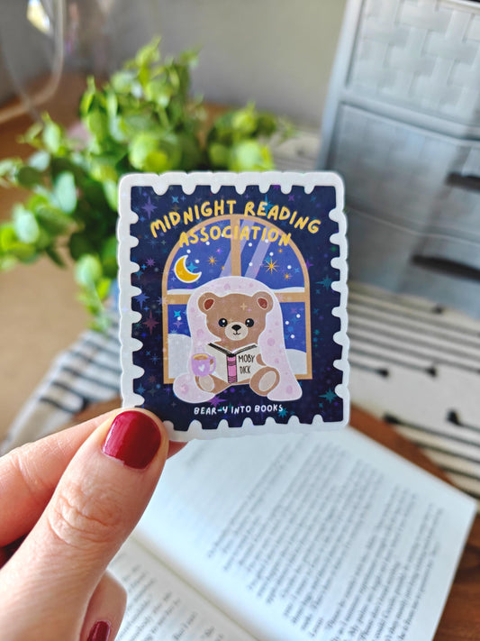 Holographic Midnight Reading Bear Sticker | Stamp Design Bookish Stickers