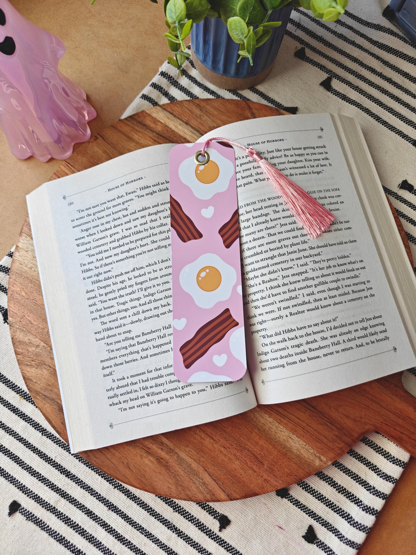 Bacon and Eggs Breakfast Laminated 2x7 Bookmark with Pink Tassel