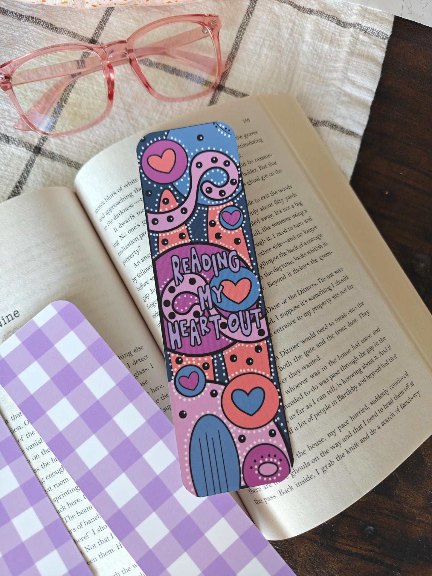 Abstract and Purple Gingham Bookmark Set Or Individual | Hand Drawn Heart Page Marker