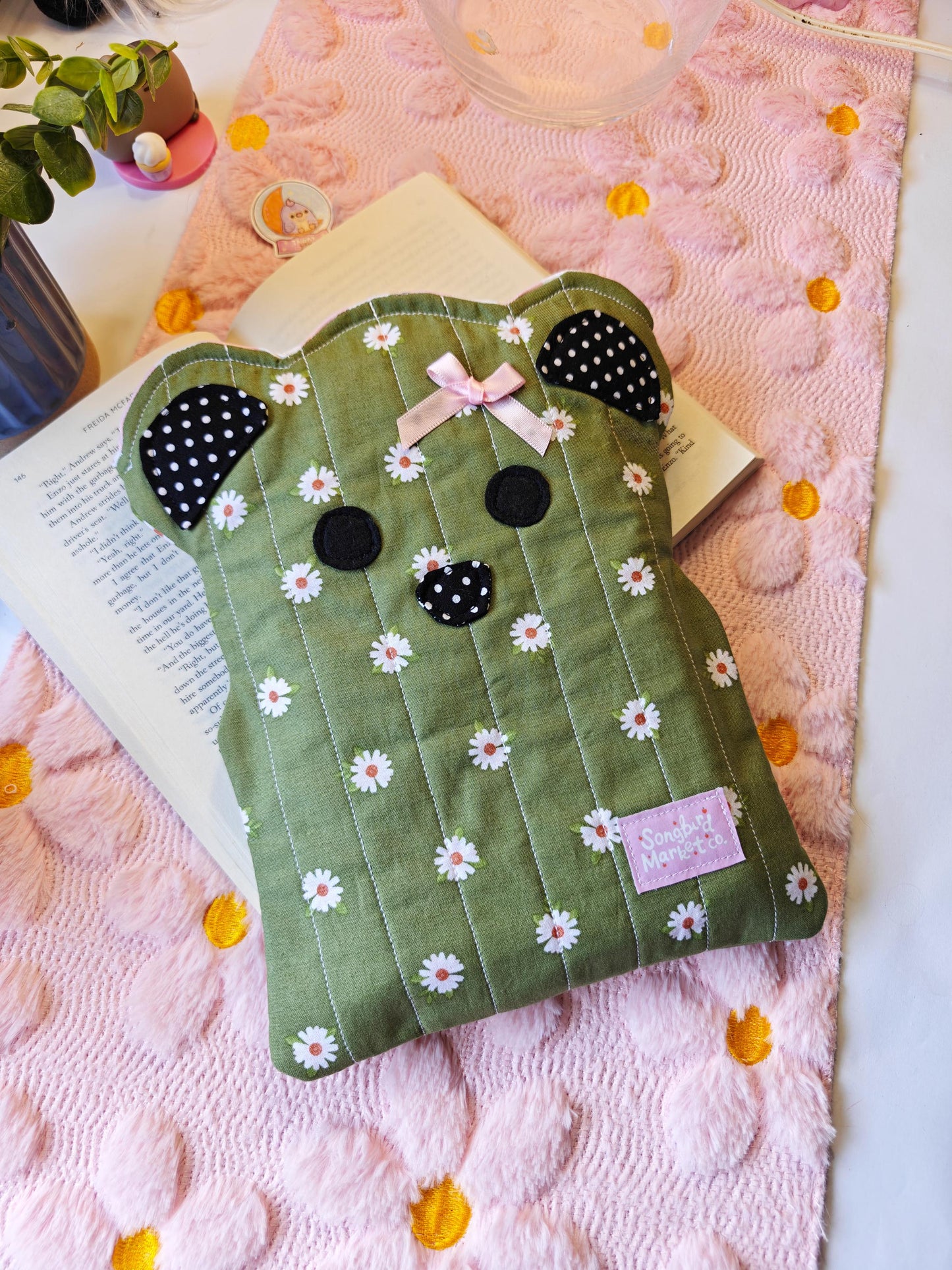 Bear-Shaped Book Sleeve in Olive Green with Pink Dainty Bow