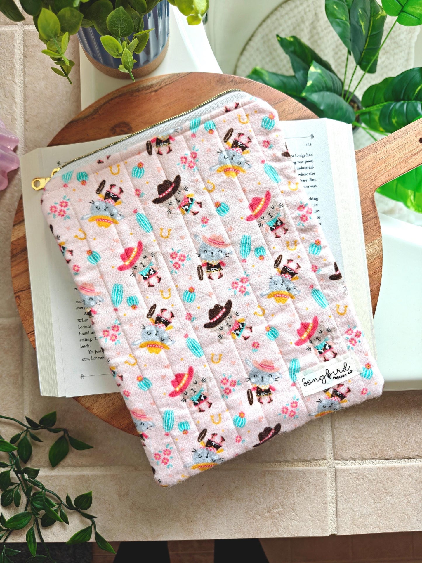 Pink Cowboy Cat Fleece Quilted Book Sleeve With Zipper  | 11 inch iPad Sleeve