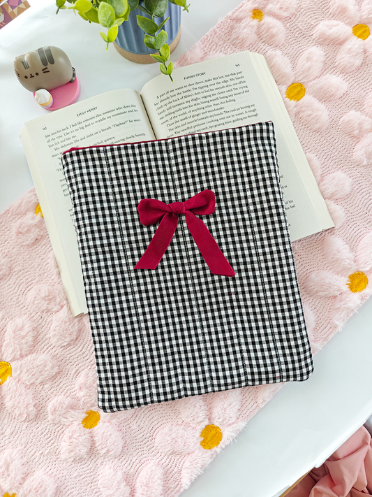 Quilted Black Gingham Book Sleeve Pouch with Crimson Red Bow