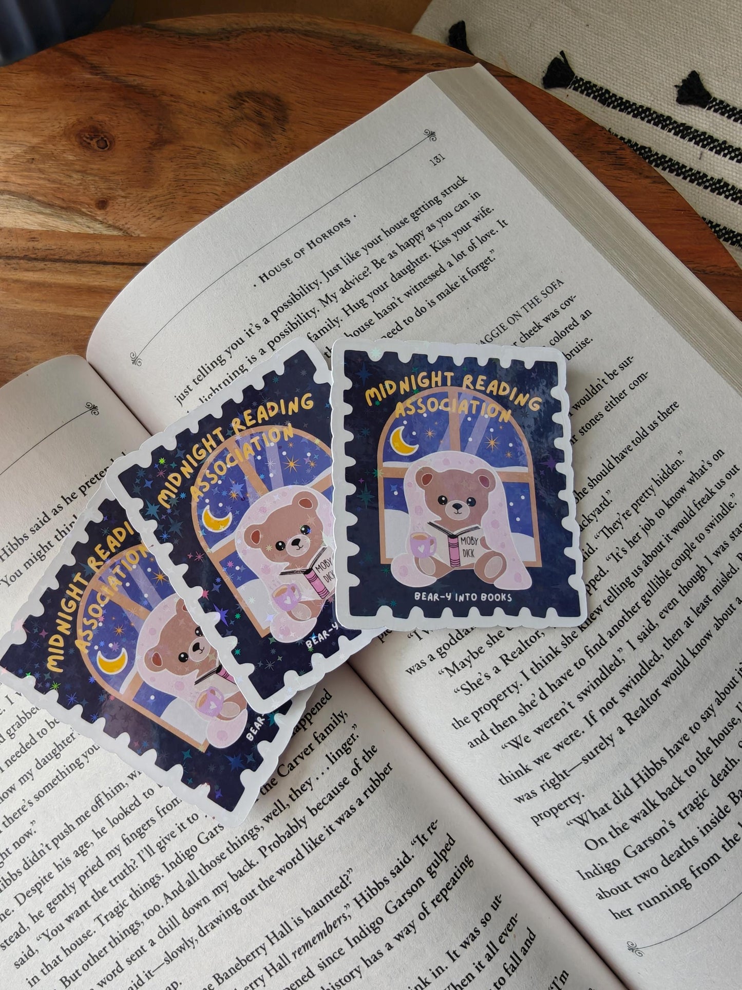 Holographic Midnight Reading Bear Sticker | Stamp Design Bookish Stickers