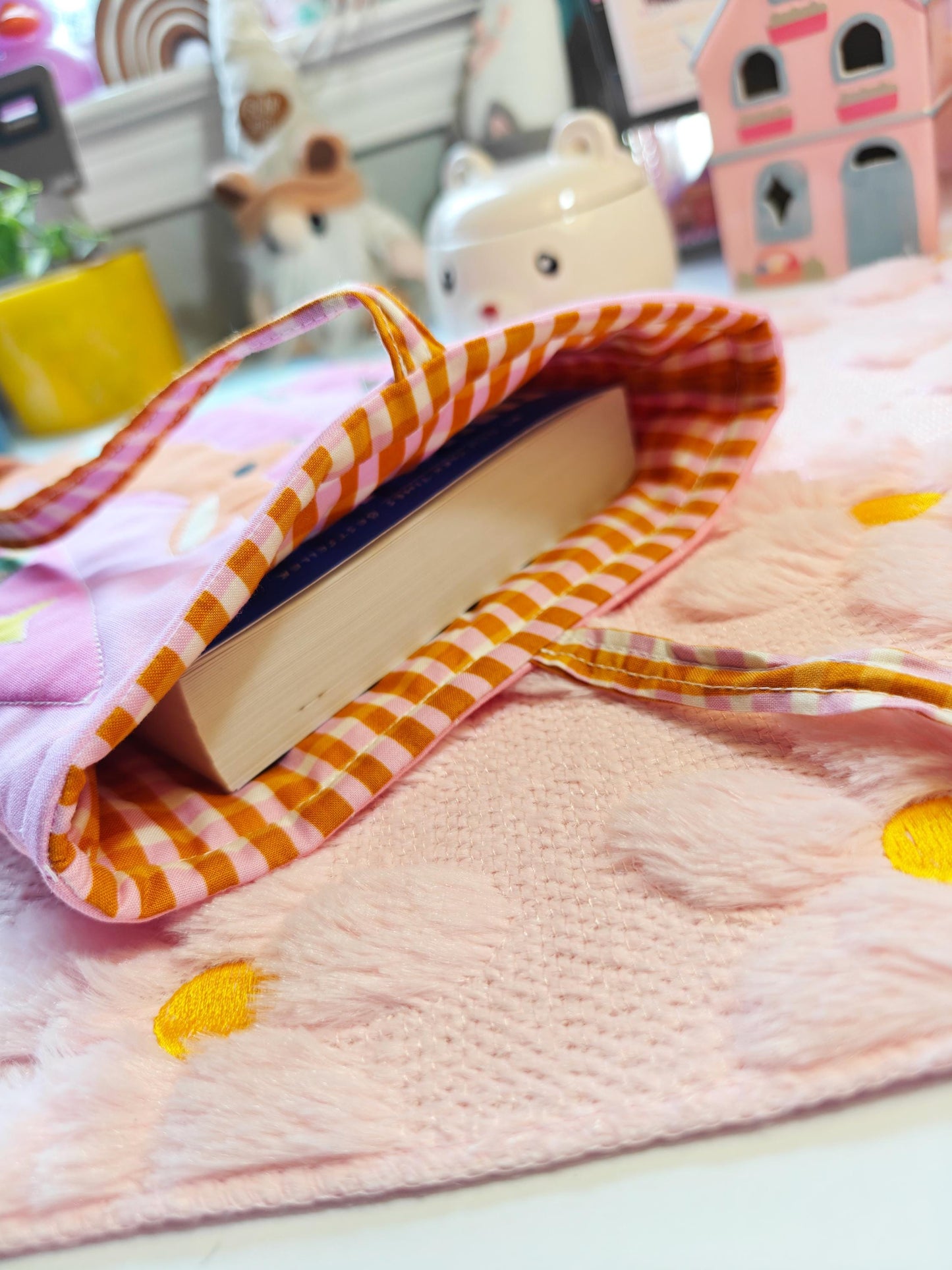 Quilted Colorful Book Sleeve with Gingham Tie Enclosure
