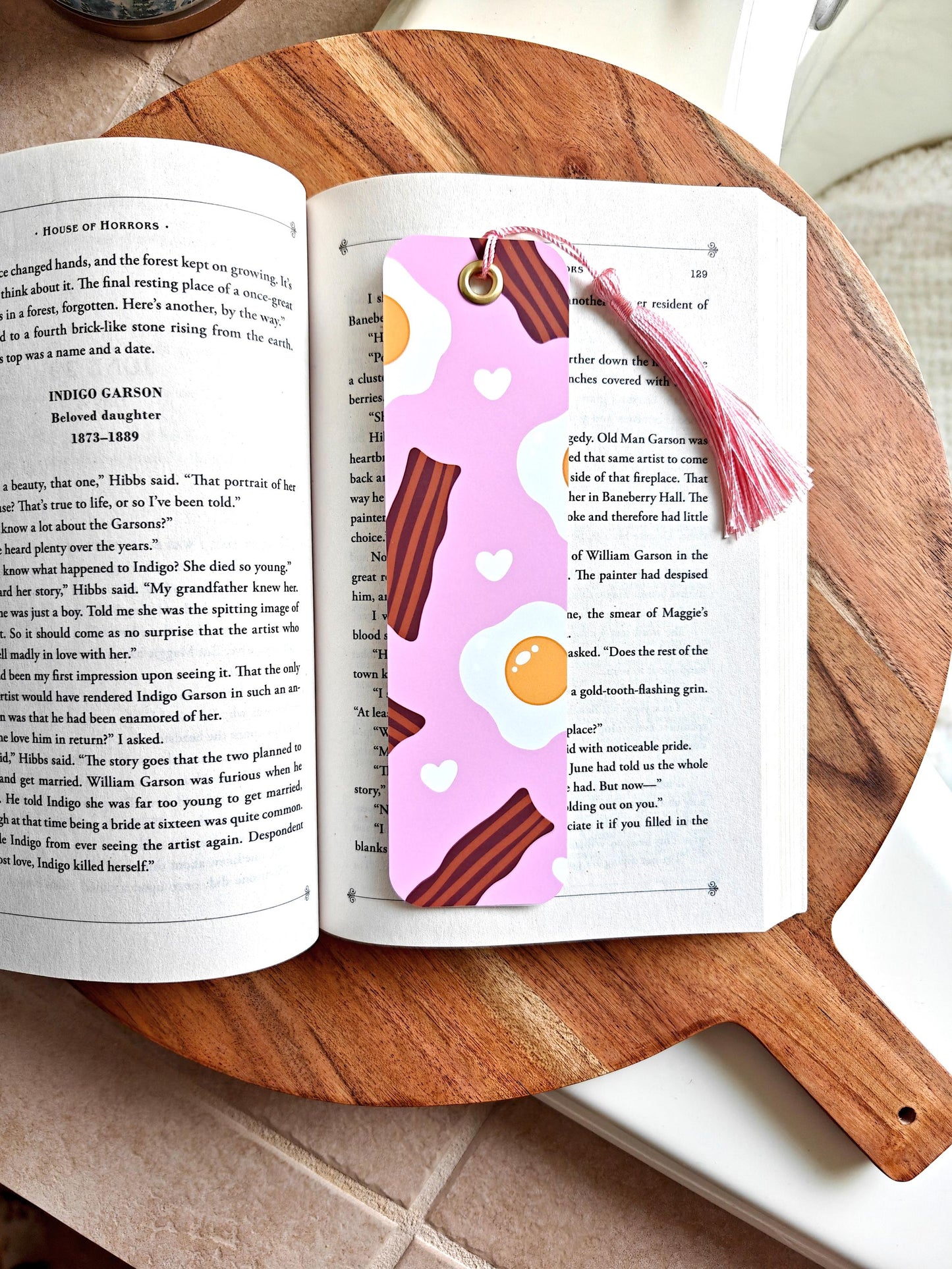 Bacon and Eggs Breakfast Laminated 2x7 Bookmark with Pink Tassel