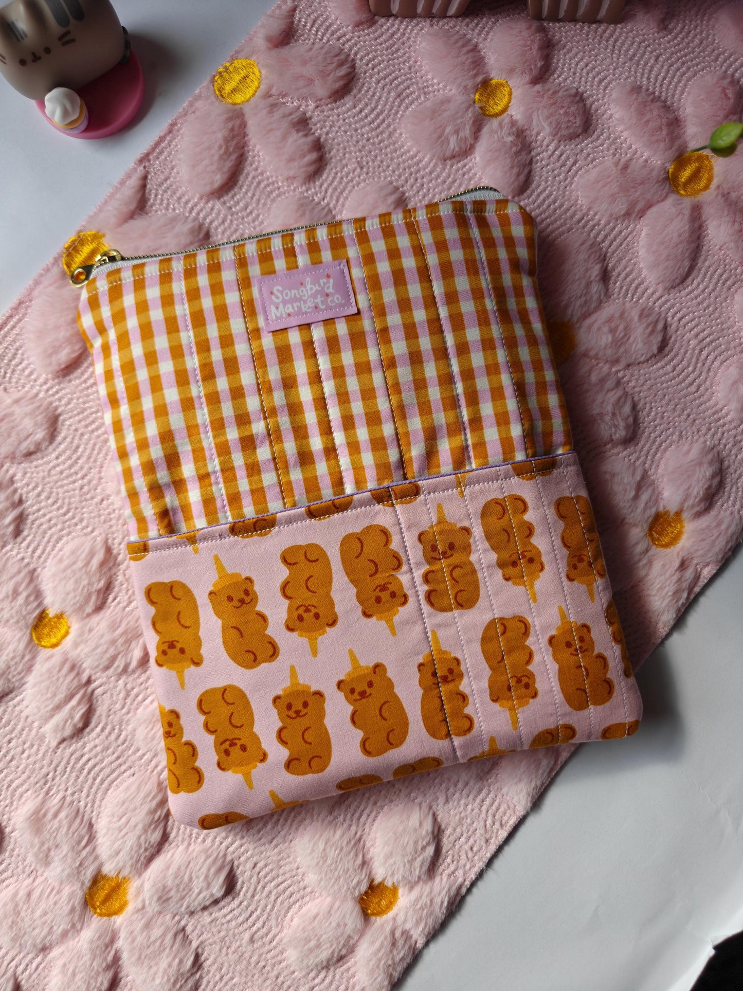 Gingham Honey Bear Book Sleeve With Zipper And Front Utility Pocket