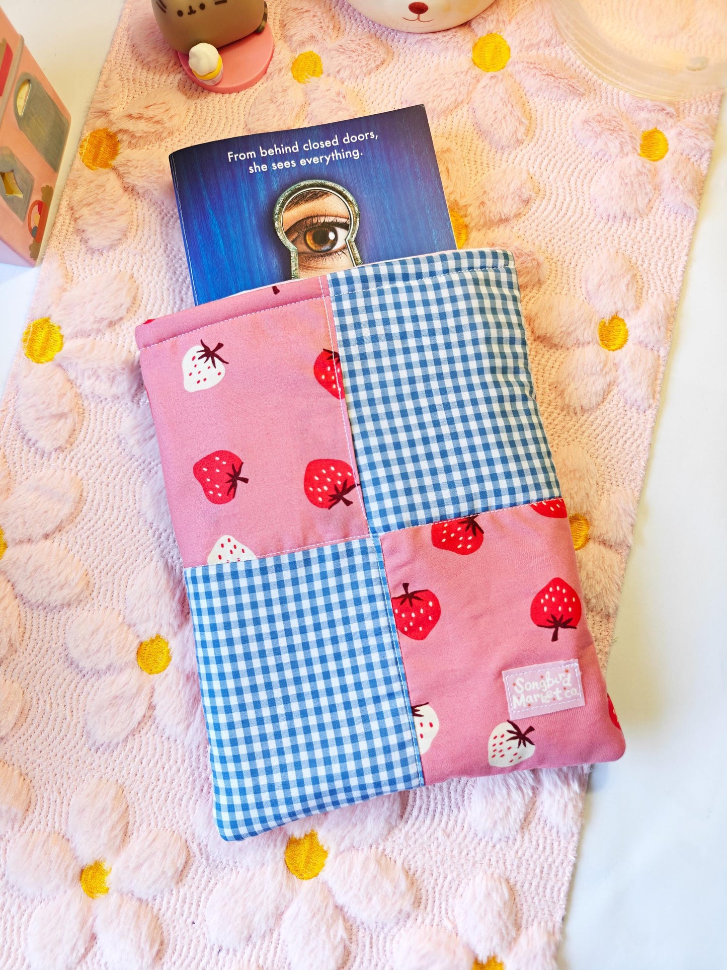 Patchwork Strawberry and Blue Gingham Book Sleee with Optional Zipper