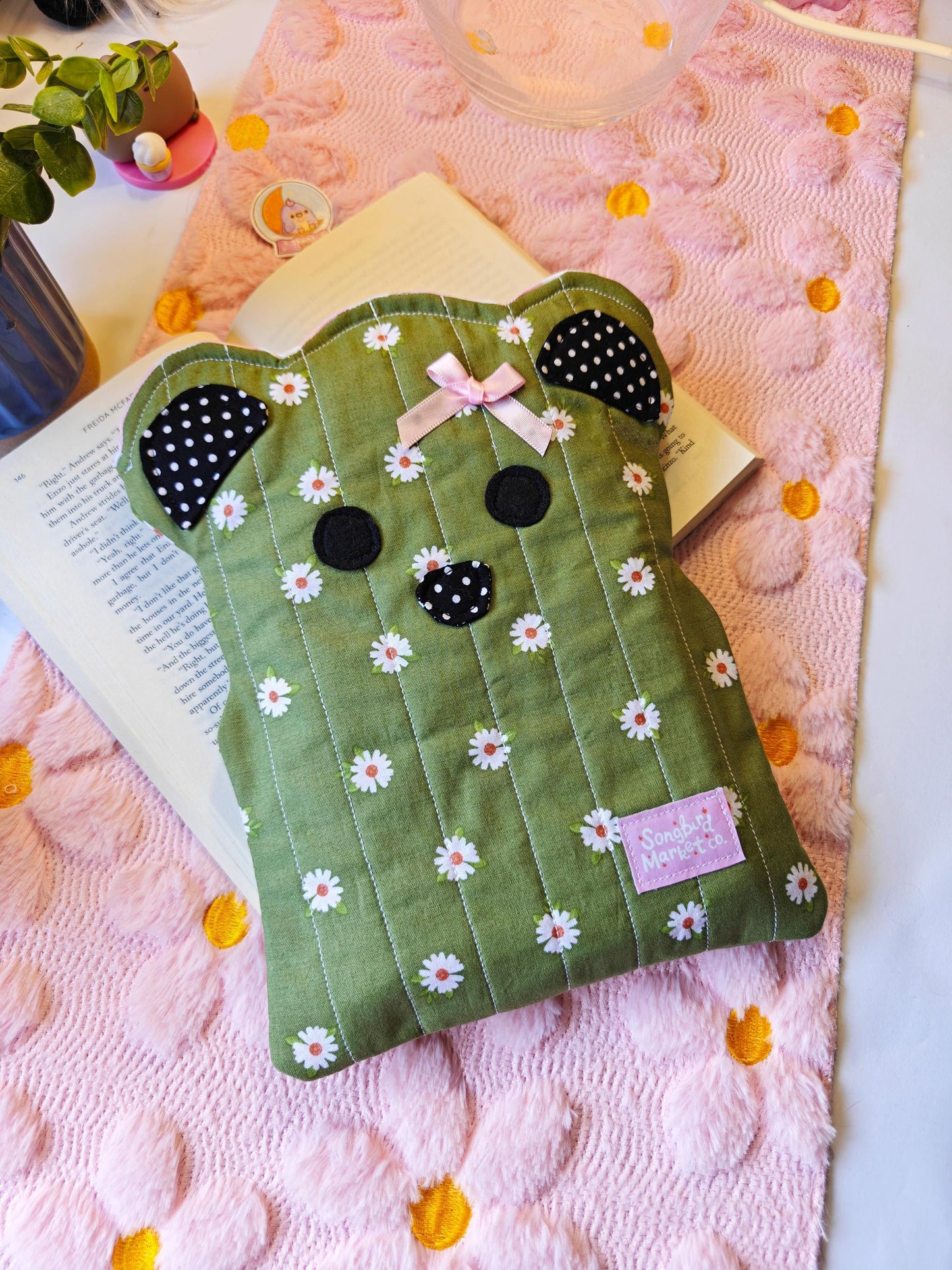 Bear-Shaped Book Sleeve in Olive Green with Pink Dainty Bow