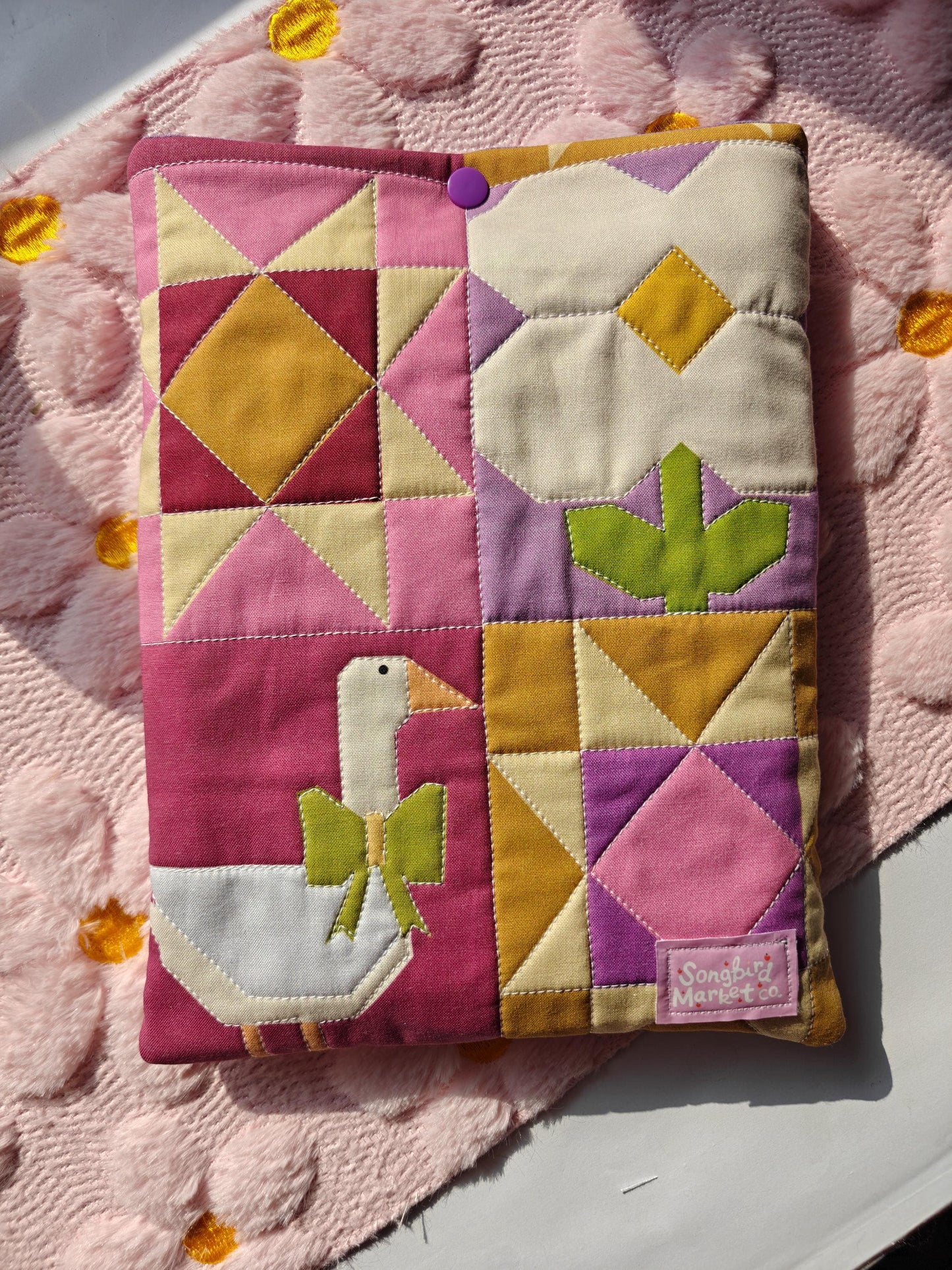 Cottage Orchard Patchwork Book Sleeve with Snap or Ribbon Enclosure