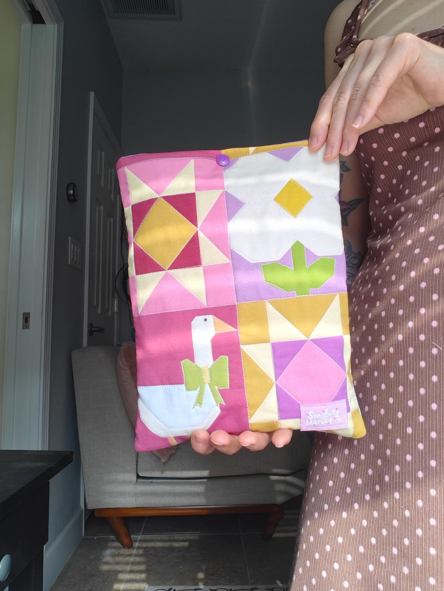 Cottage Orchard Patchwork Book Sleeve with Snap or Ribbon Enclosure
