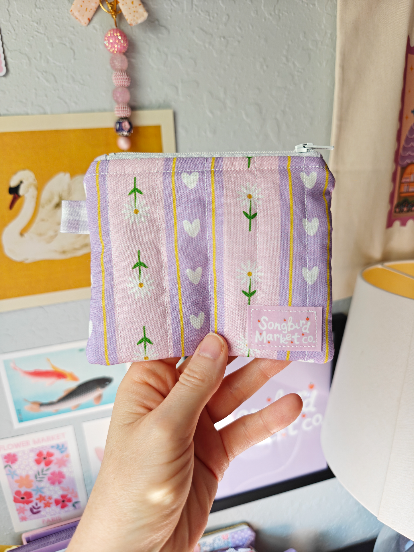 Daisy Hearts Quilted Keychain Wallet Pouch