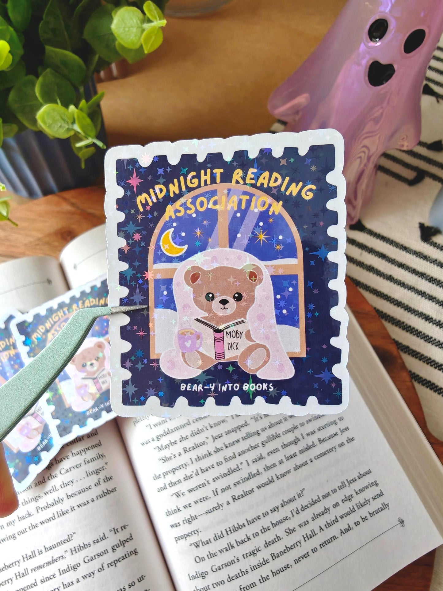 Holographic Midnight Reading Bear Sticker | Stamp Design Bookish Stickers