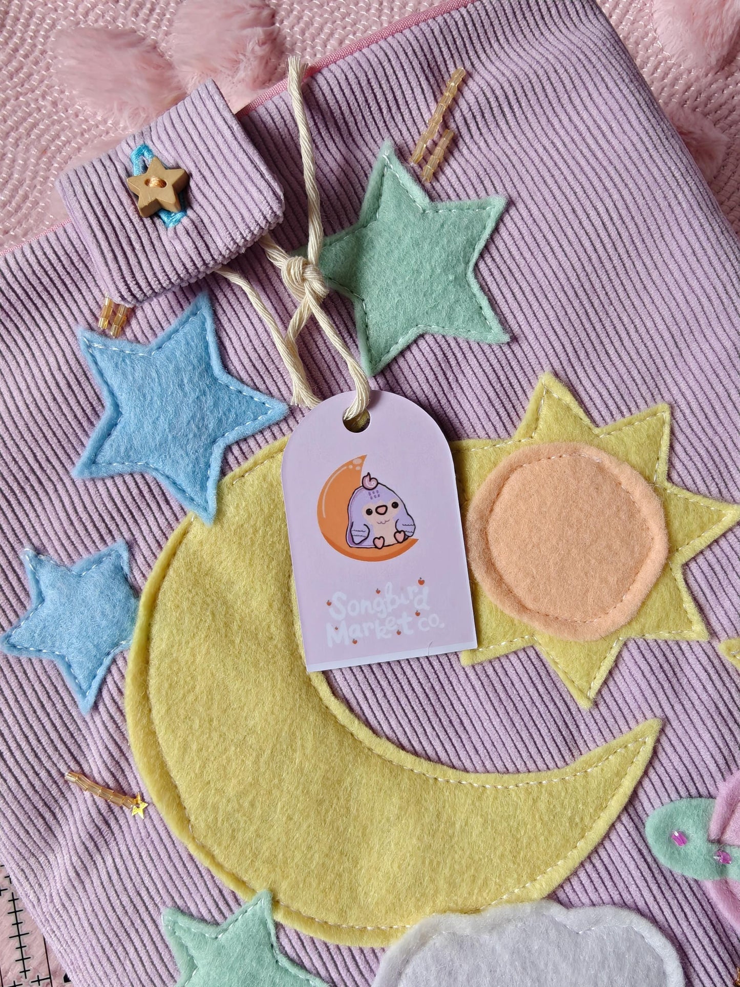 Pastel Book Sleeve With Moon and Stars | Corduroy Padded Book Pouch