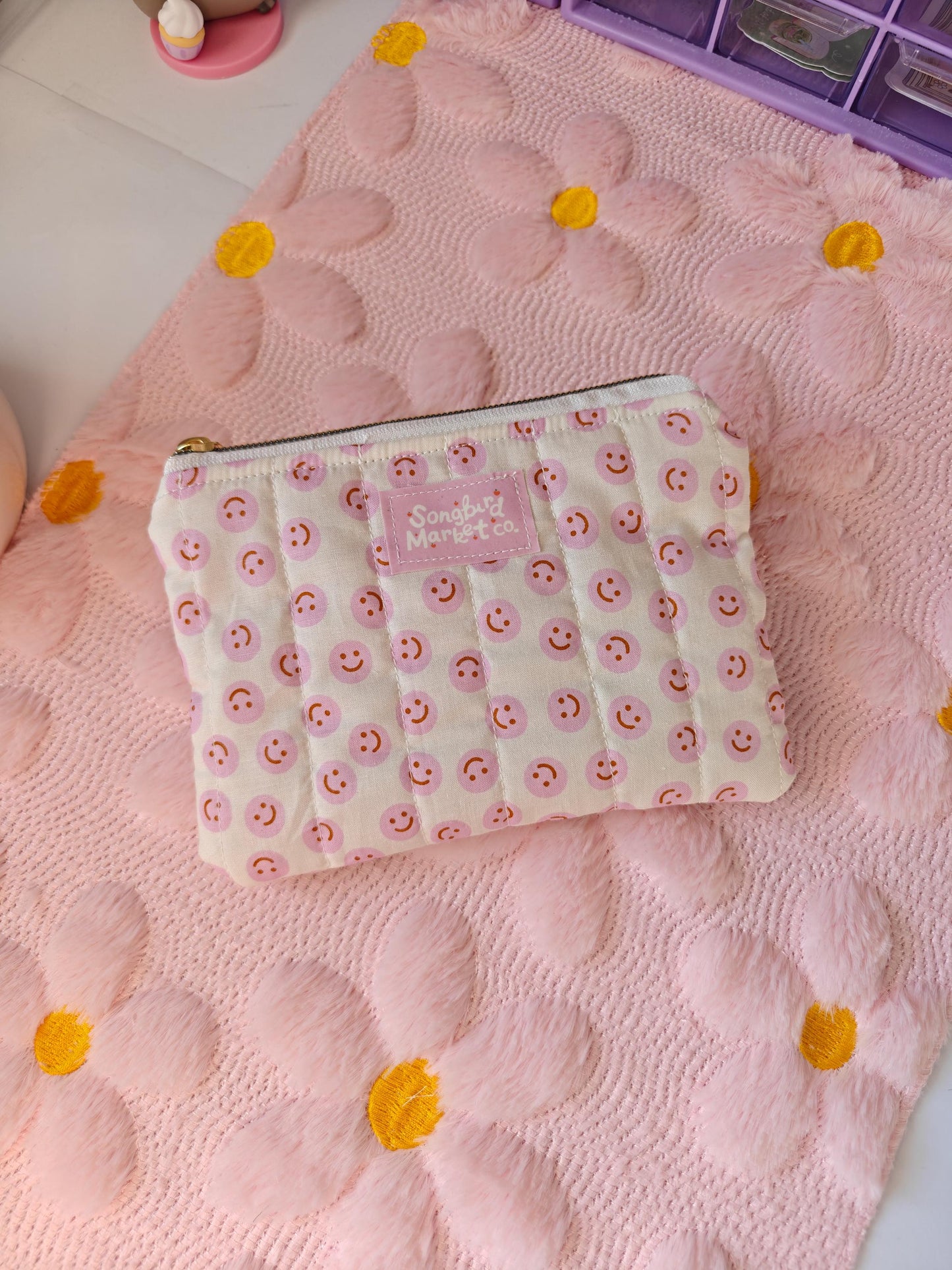 Quilted Smiley Face Zipper Pouch | Pink Small Makeup Bag | Handmade Fabric Coin Purse