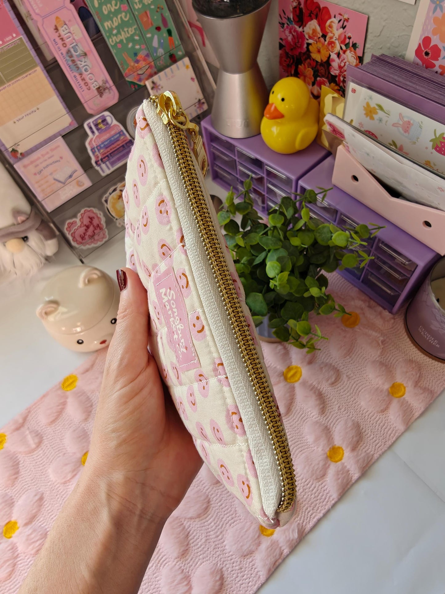 Quilted Smiley Face Zipper Pouch | Pink Small Makeup Bag | Handmade Fabric Coin Purse