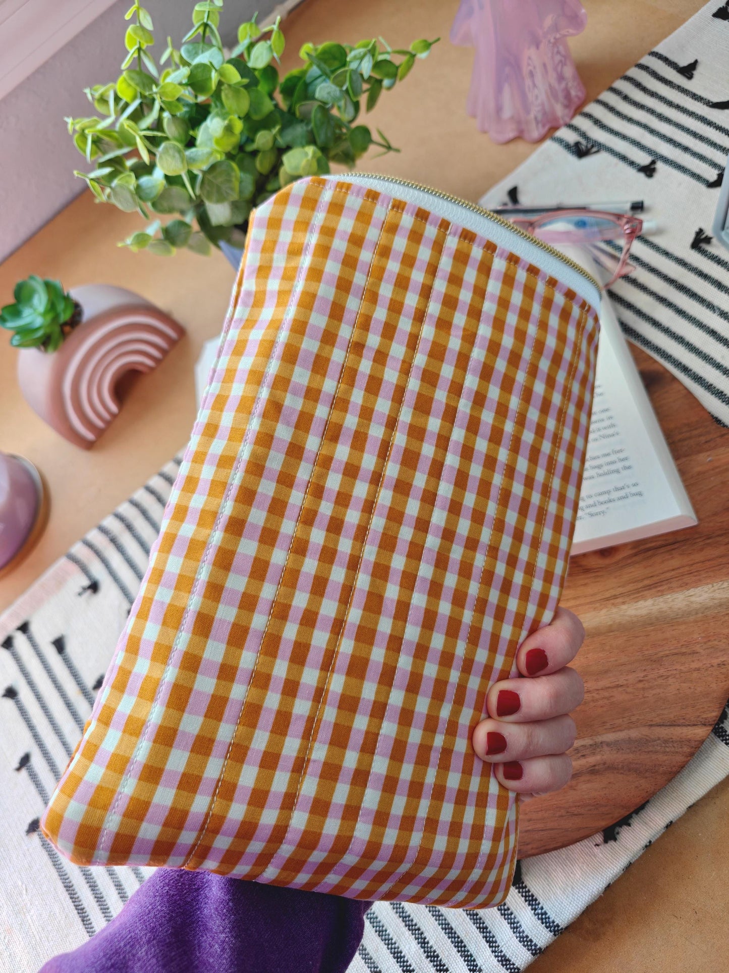 Gingham Honey Bear Book Sleeve With Zipper And Front Utility Pocket