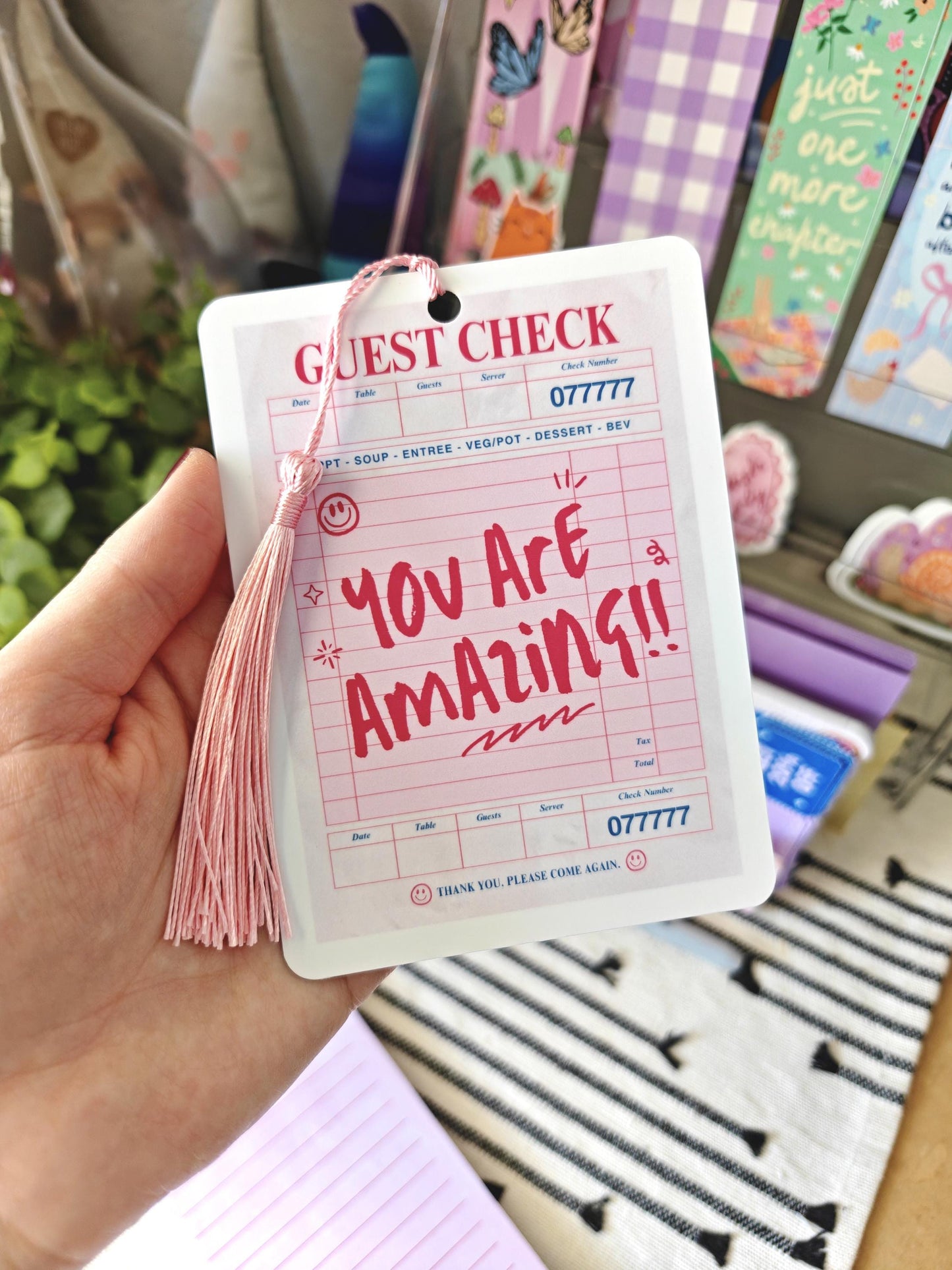 Laminated Pink Guest Check Diner Receipt Bookmark with Pink Tassel