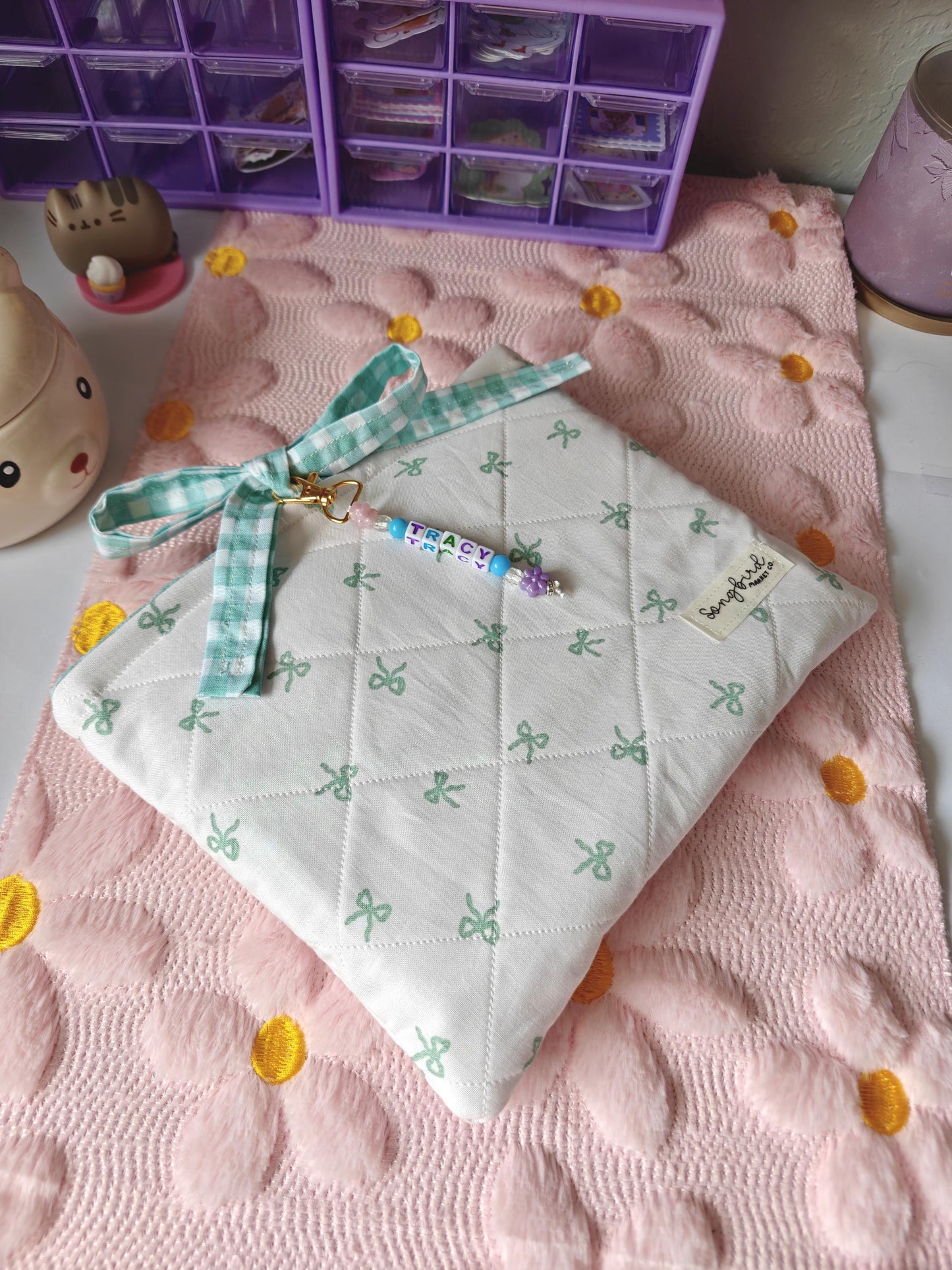 Name Charm Bow Book Sleeve with Gingham Ribbon Closure