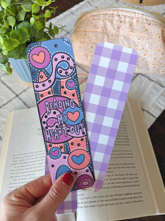 Abstract and Purple Gingham Bookmark Set Or Individual | Hand Drawn Heart Page Marker