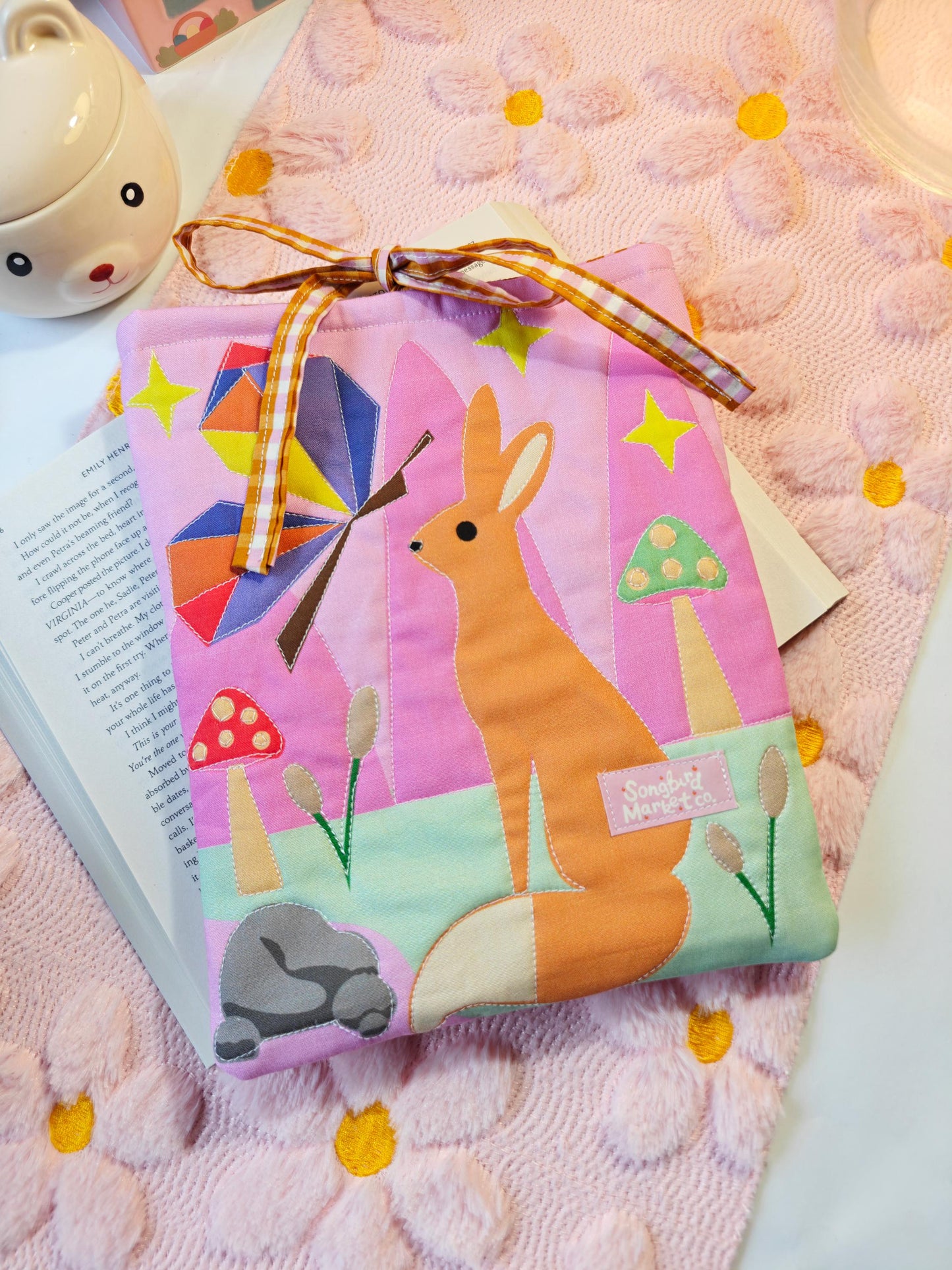 Quilted Colorful Book Sleeve with Gingham Tie Enclosure