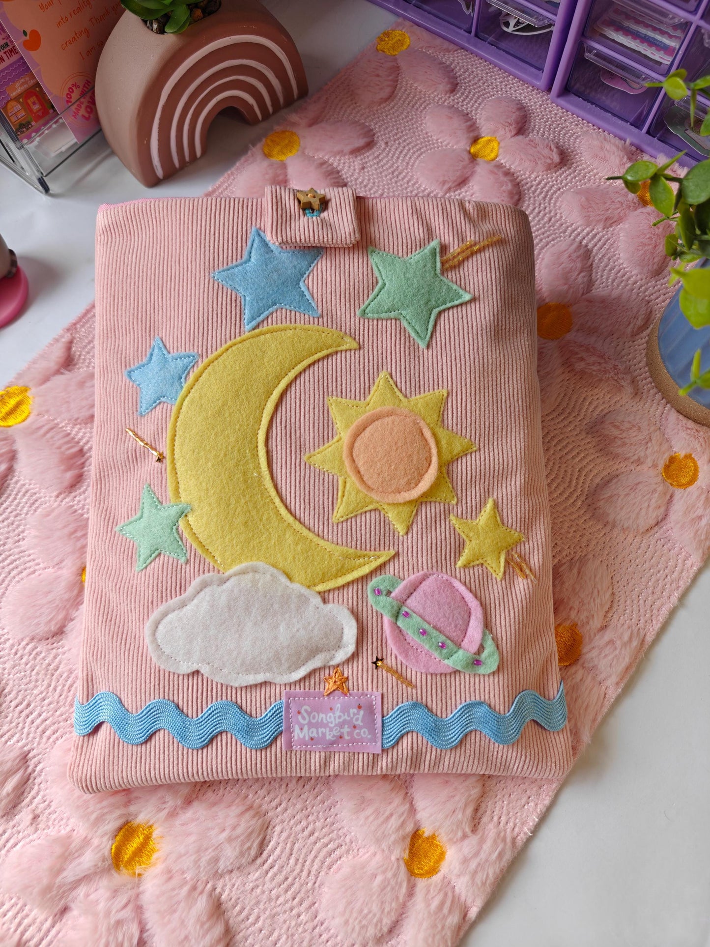 Pastel Book Sleeve With Moon and Stars | Corduroy Padded Book Pouch
