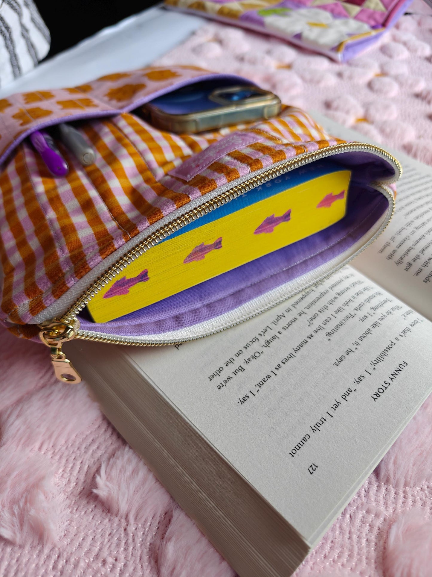 Gingham Honey Bear Book Sleeve With Zipper And Front Utility Pocket