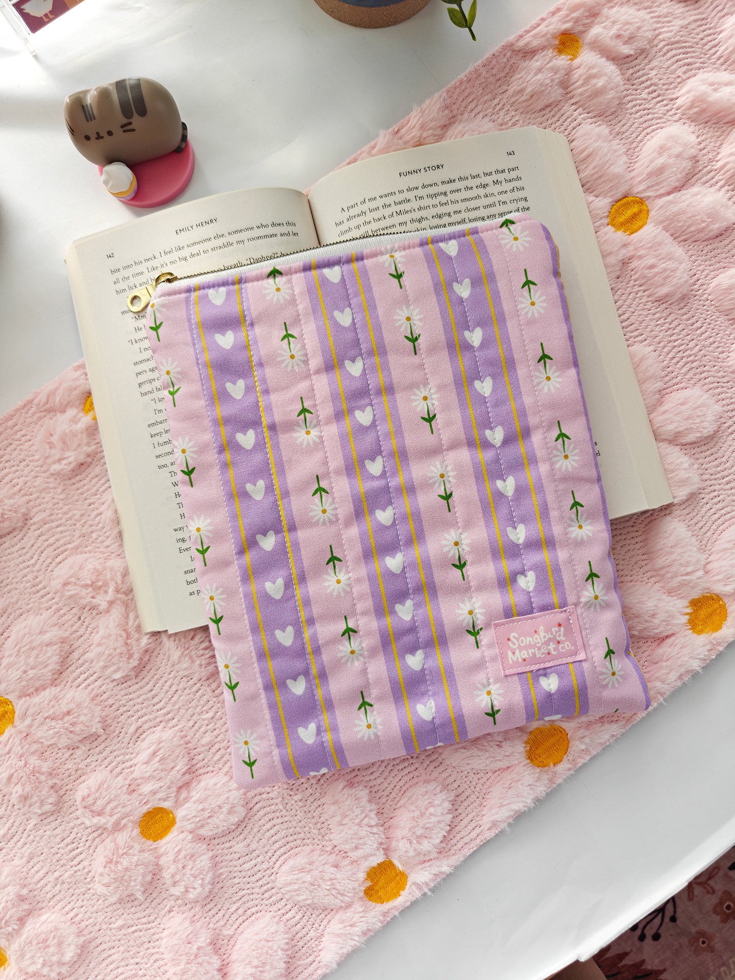 Lavender Fields Quilted Book Sleeve - Floral & Heart Padded Book Pouch with Zipper