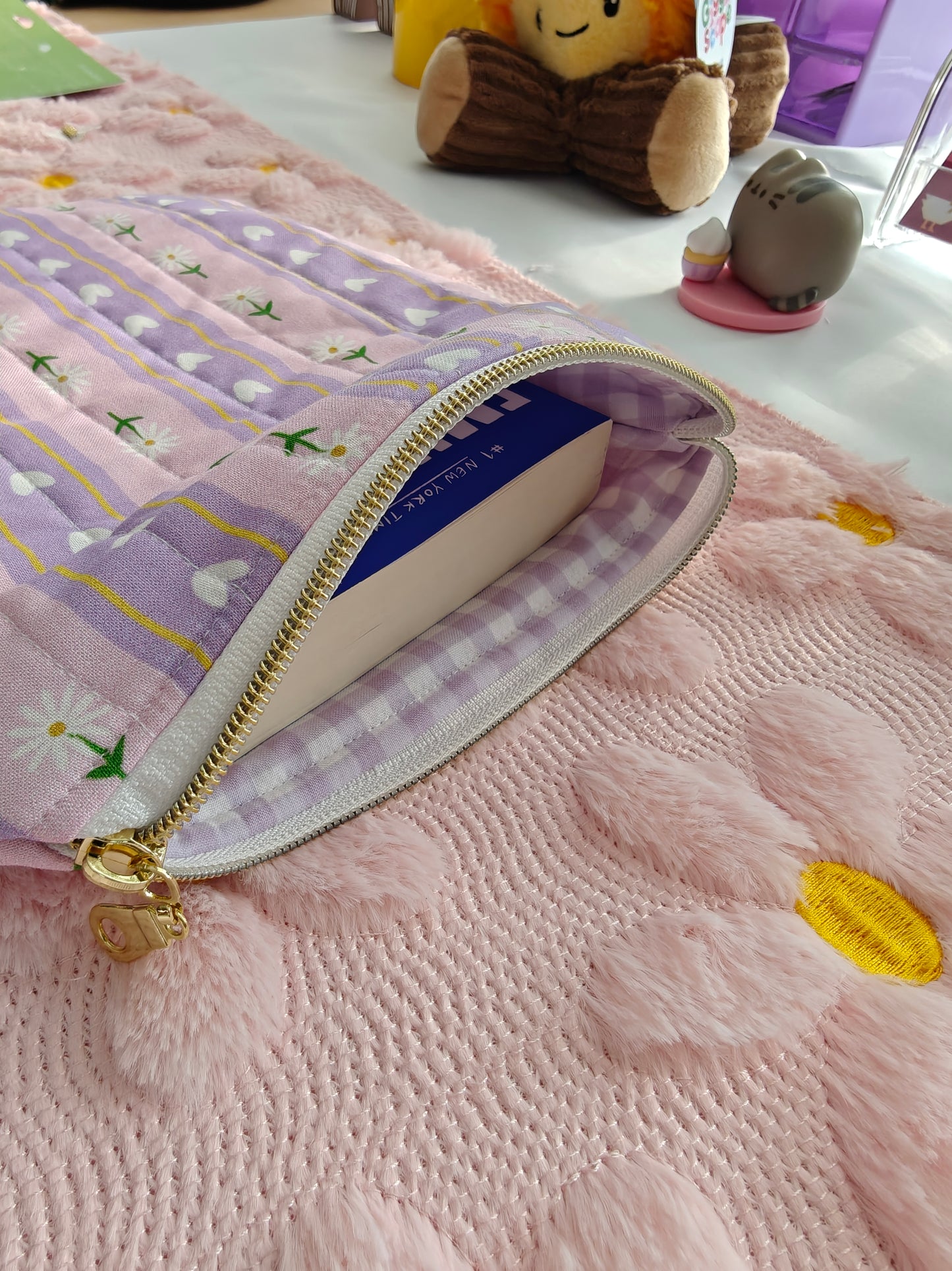 Lavender Fields Quilted Book Sleeve - Floral & Heart Padded Book Pouch with Zipper