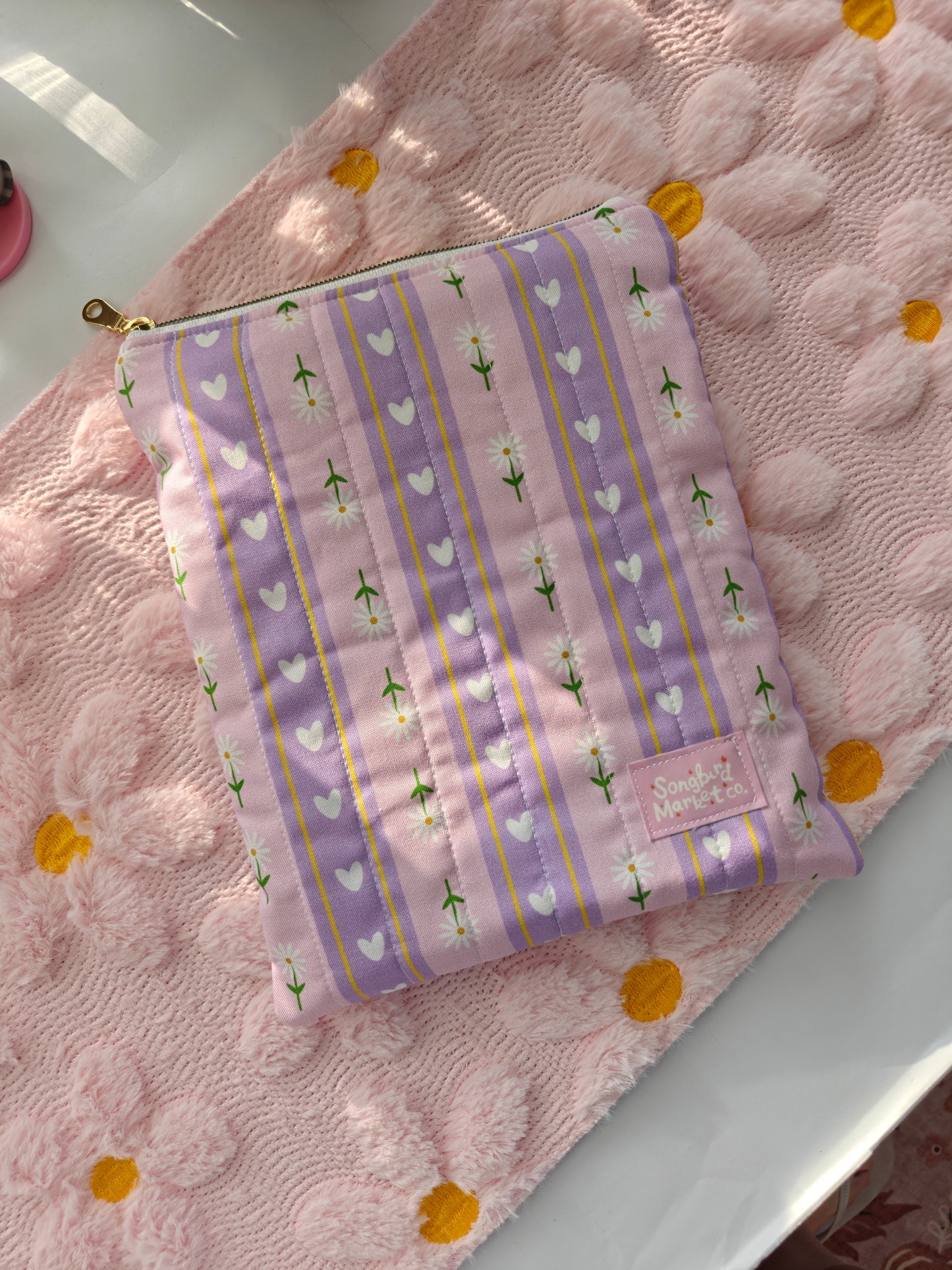 Lavender Fields Quilted Book Sleeve - Floral & Heart Padded Book Pouch with Zipper