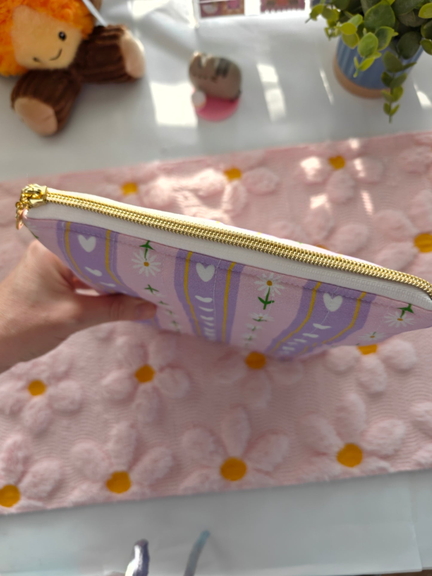 Lavender Fields Quilted Book Sleeve - Floral & Heart Padded Book Pouch with Zipper