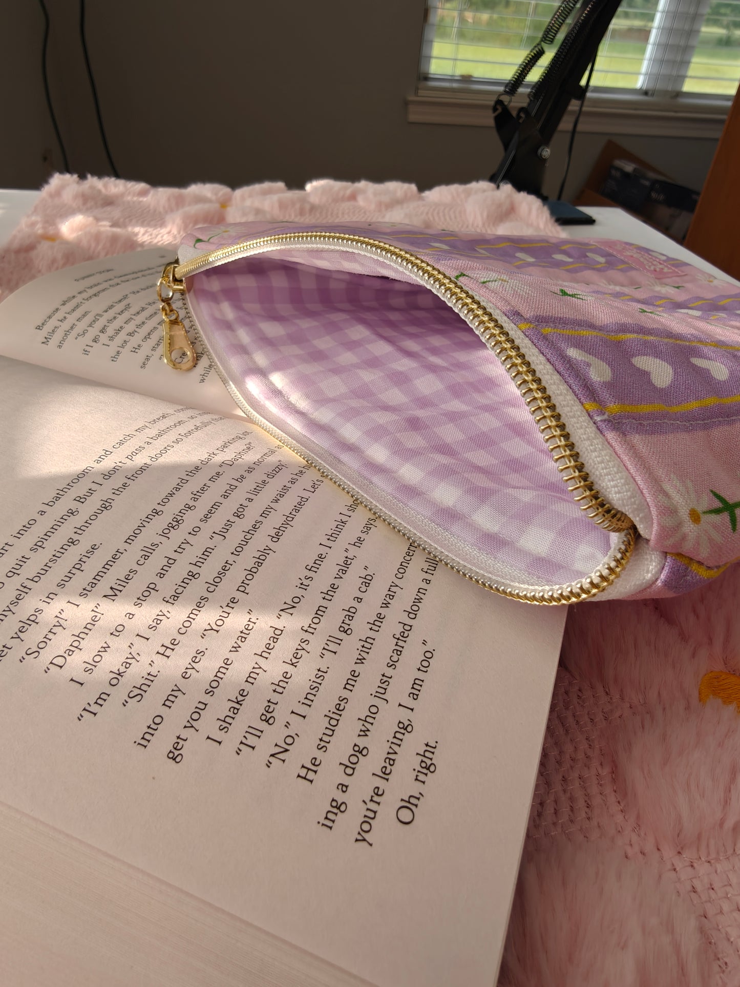 Lavender Fields Quilted Book Sleeve - Floral & Heart Padded Book Pouch with Zipper