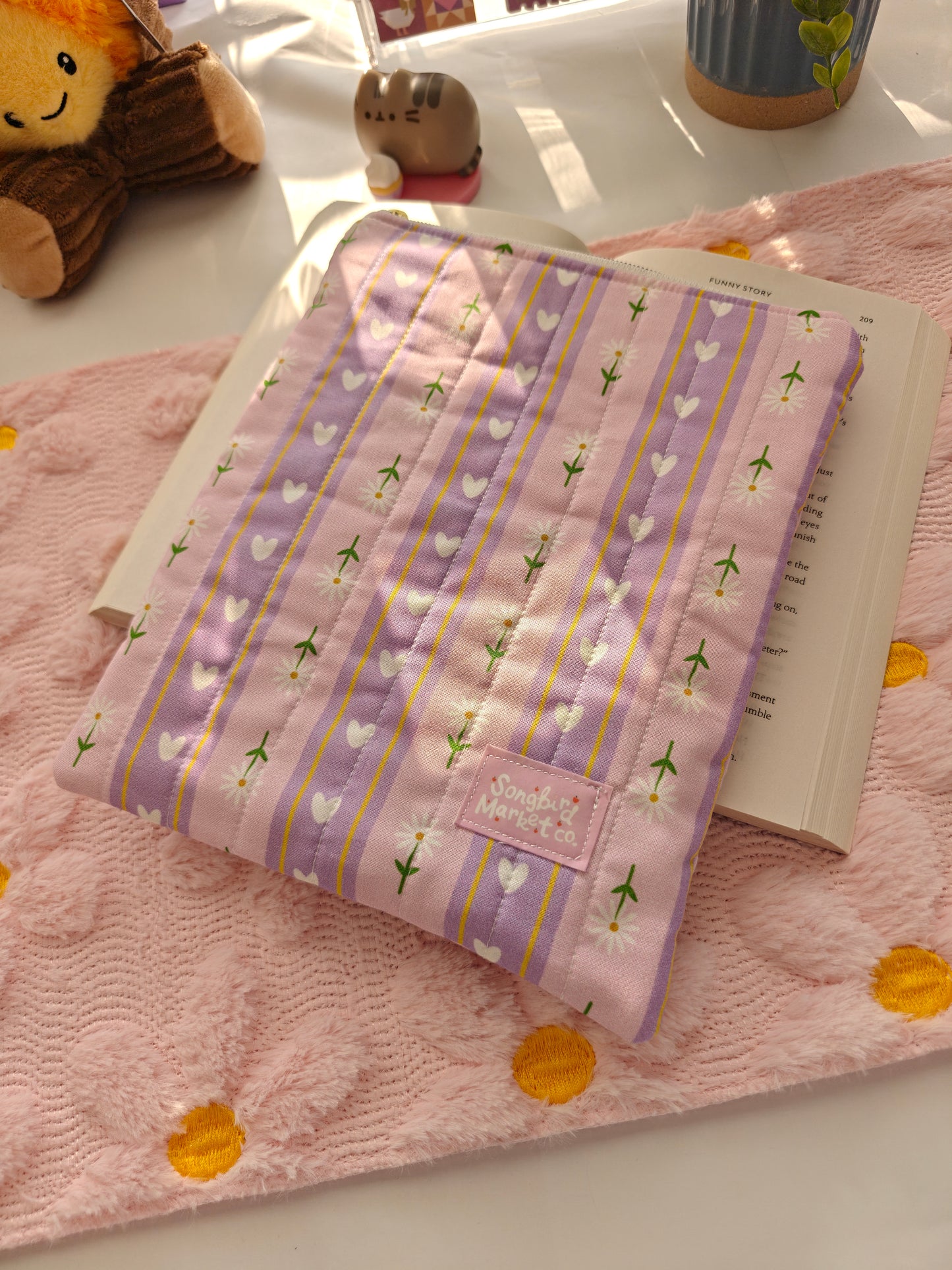 Lavender Fields Quilted Book Sleeve - Floral & Heart Padded Book Pouch with Zipper