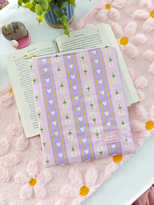 Lavender Fields Quilted Book Sleeve - Floral & Heart Padded Book Pouch with Zipper