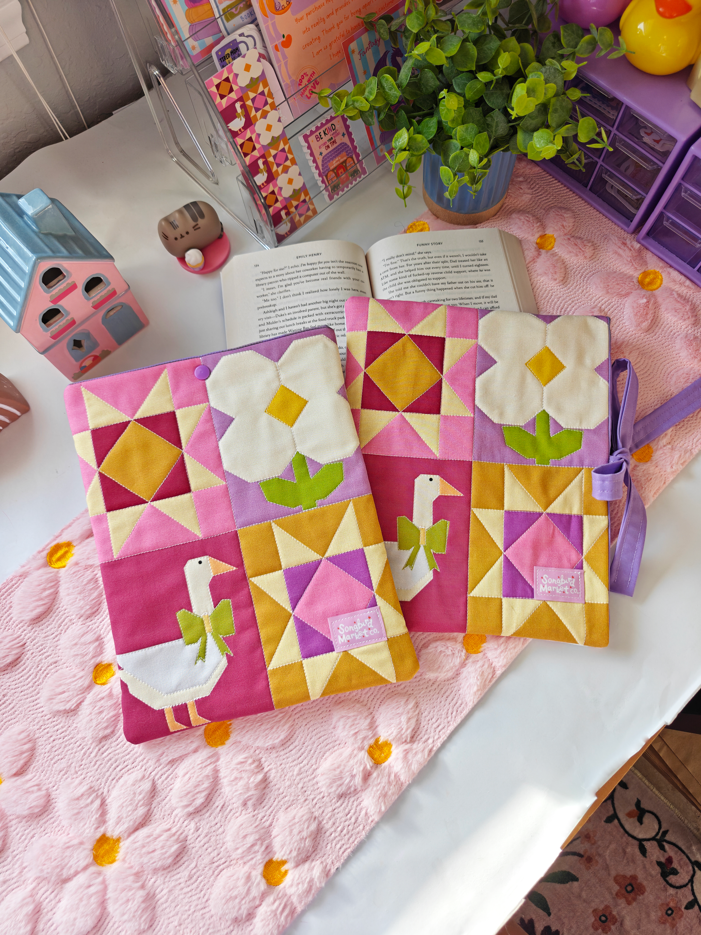 Cottage Orchard Patchwork Book Sleeve with Snap or Ribbon Enclosure