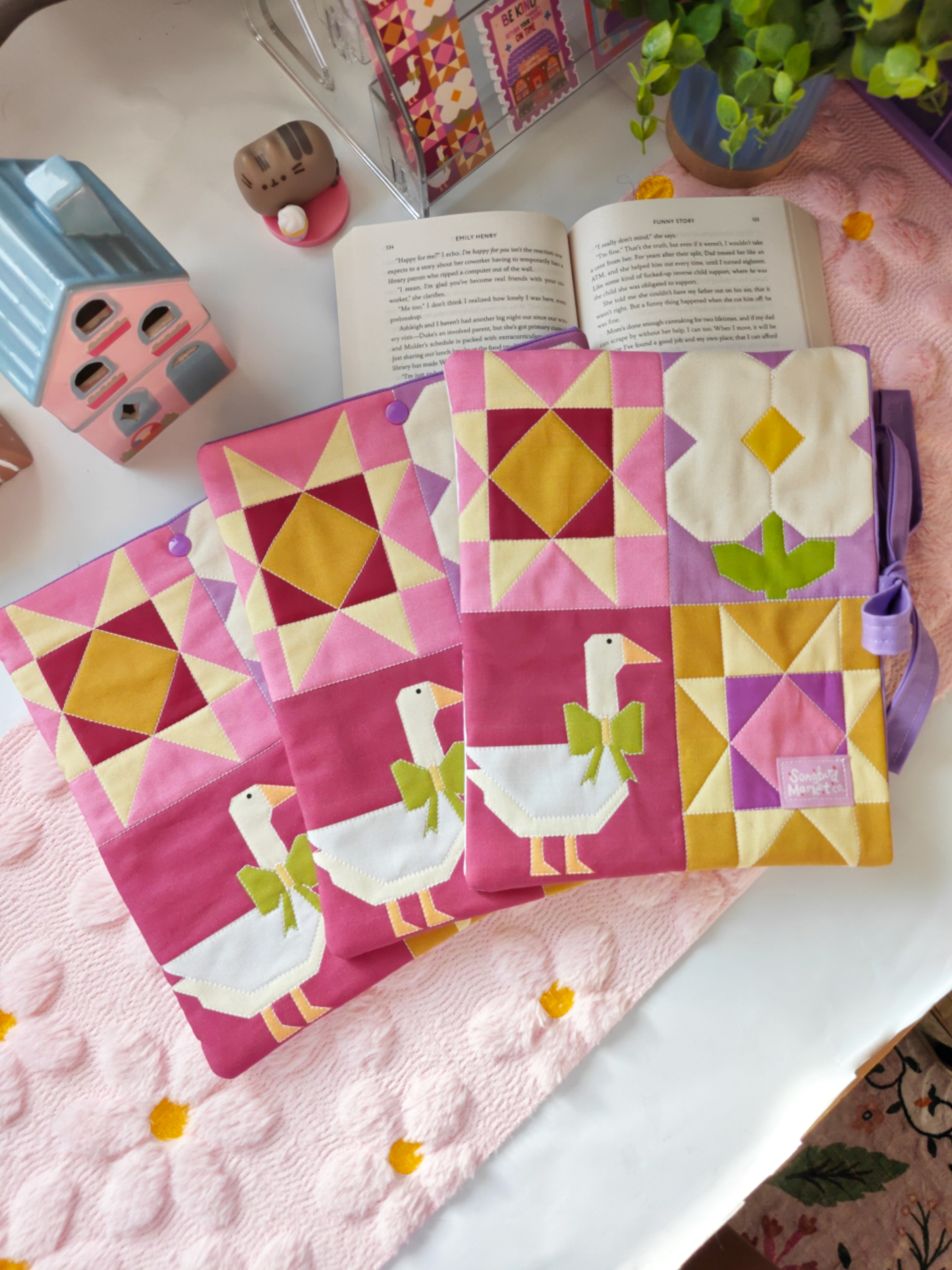 Cottage Orchard Patchwork Book Sleeve with Snap or Ribbon Enclosure