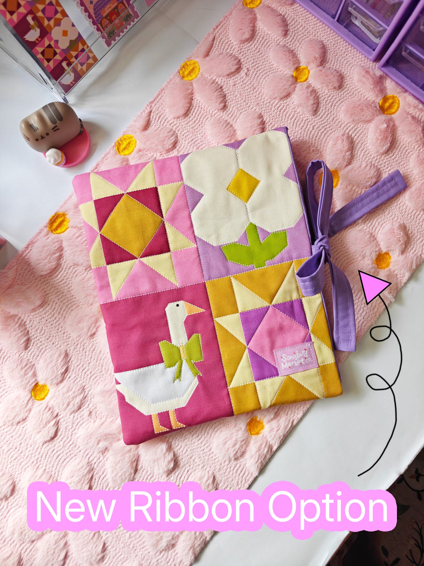 Cottage Orchard Patchwork Book Sleeve with Snap or Ribbon Enclosure