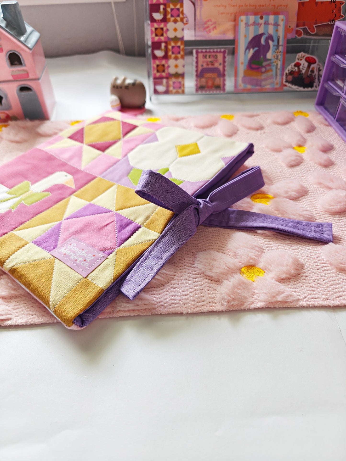 Cottage Orchard Patchwork Book Sleeve with Snap or Ribbon Enclosure